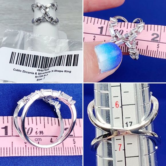 Silver Emerald Diamond Baguette Cubic Zirconia X Shape Ring Size 7 Size 8 - Picture 17 of 17